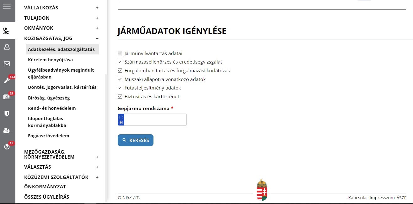 A JSZP lekérdezés indítása a szüf portálon belül.